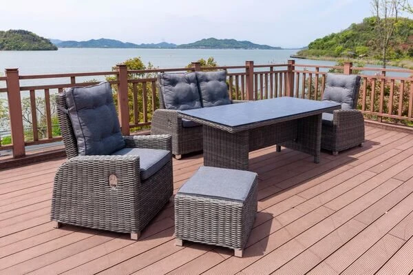 OUTFLEXX Sitzgruppe, Grau, Polyrattan, Tisch 200x95cm, Spraystone, 6mm, 2-Sitzer + 2 Sessel + Hocker 7 OUTFLEXX Sitzgruppe, Grau, Polyrattan, Tisch 200x95cm, Spraystone, 6mm, 2-Sitzer + 2 Sessel + Hocker – Bild 7